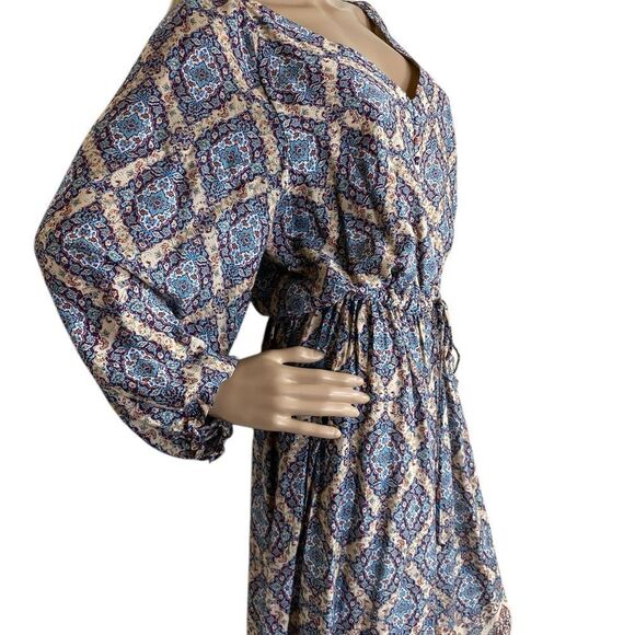 Stetson long dress M blue Tan beige pattern V neck lightweight summer spring - Picture 2 of 8